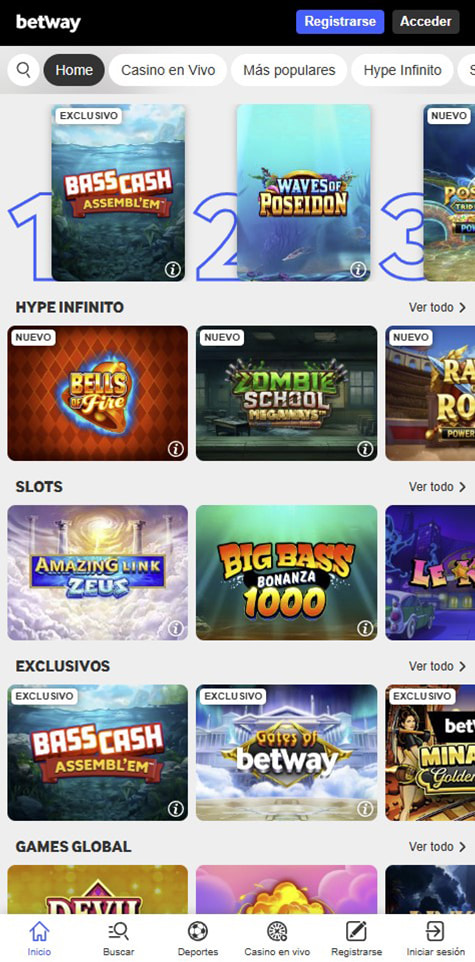 Página de inicio del casino Betway.