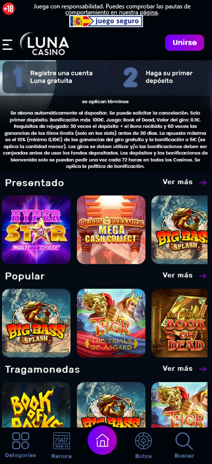 Página de inicio de Luna Casino.