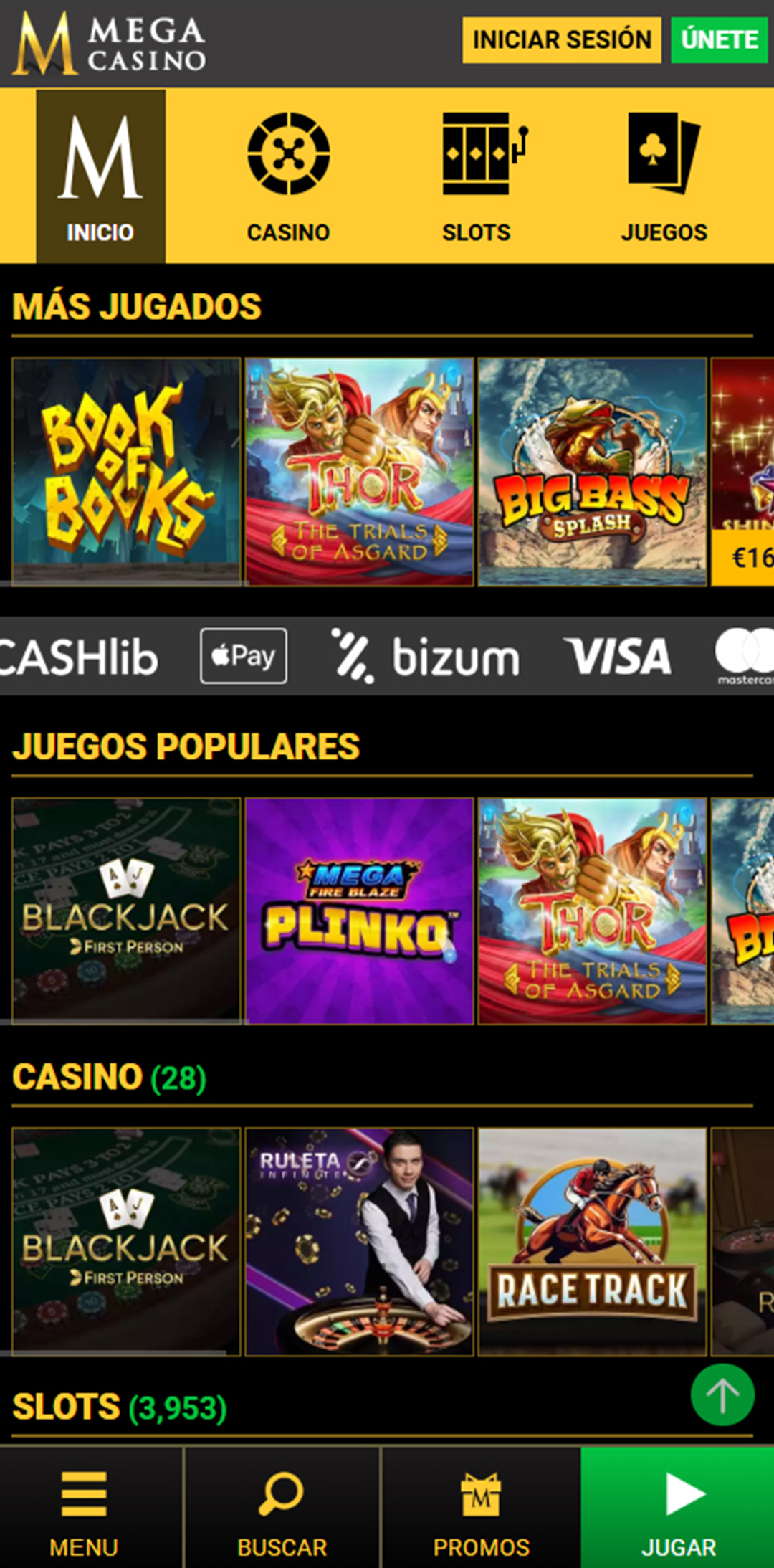 Página de inicio del casino Mega Casino.