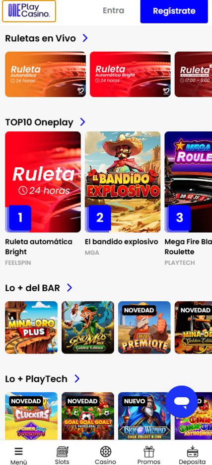 Página de inicio del casino OnePlay Casino.