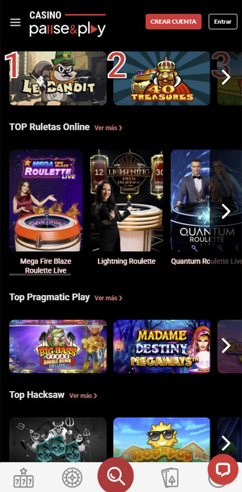 Página de inicio del casino Pause&Play.