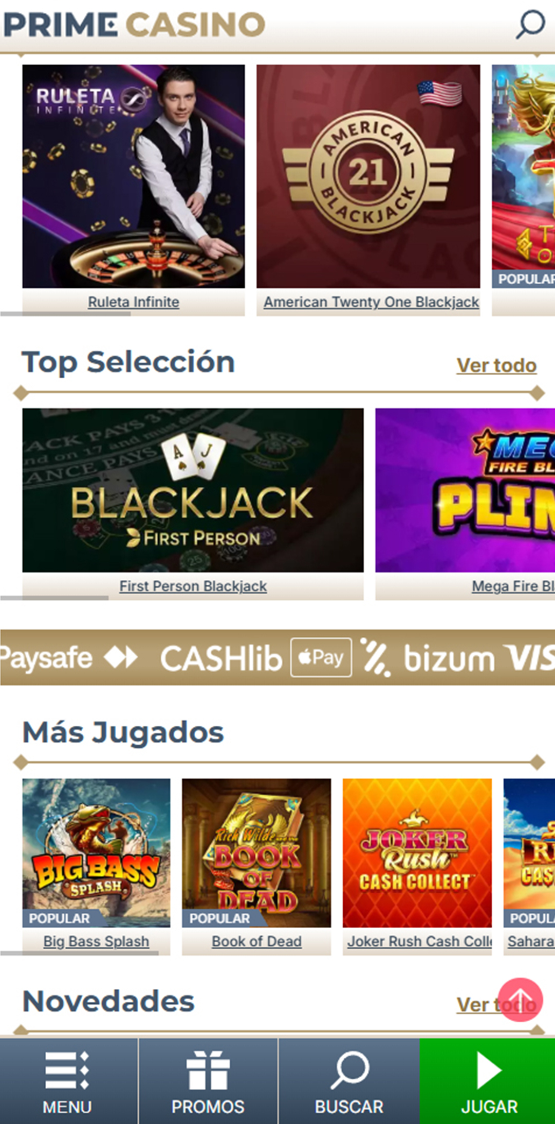 Página de inicio del casino Prime Casino.