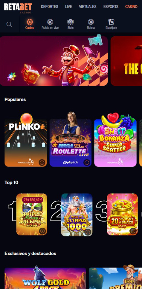 Página de inicio del casino Retabet.