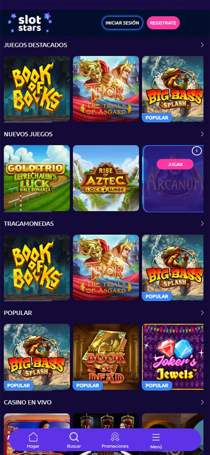 Página de inicio del casino SlotStars.