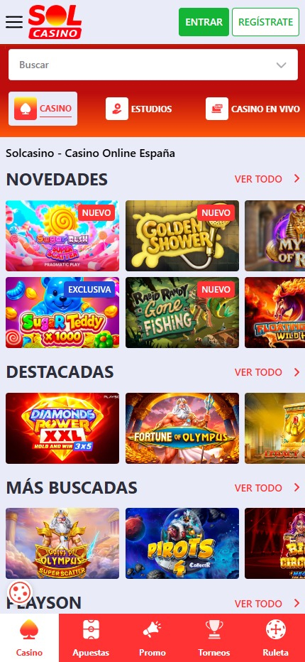 Página de inicio del casino Solcasino.