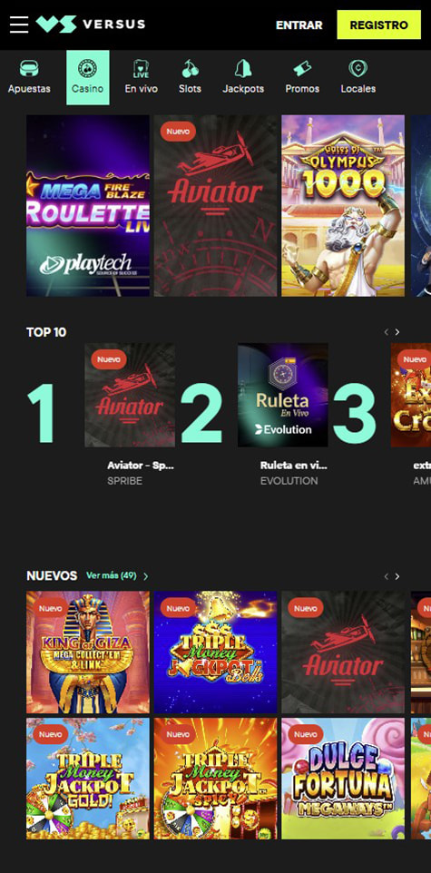 Página de inicio del casino VERSUS.