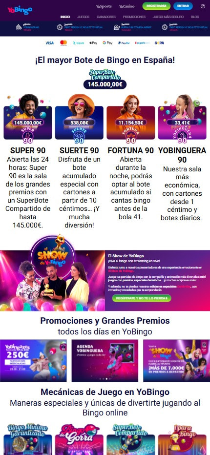 Página de inicio del casino Yobingo.