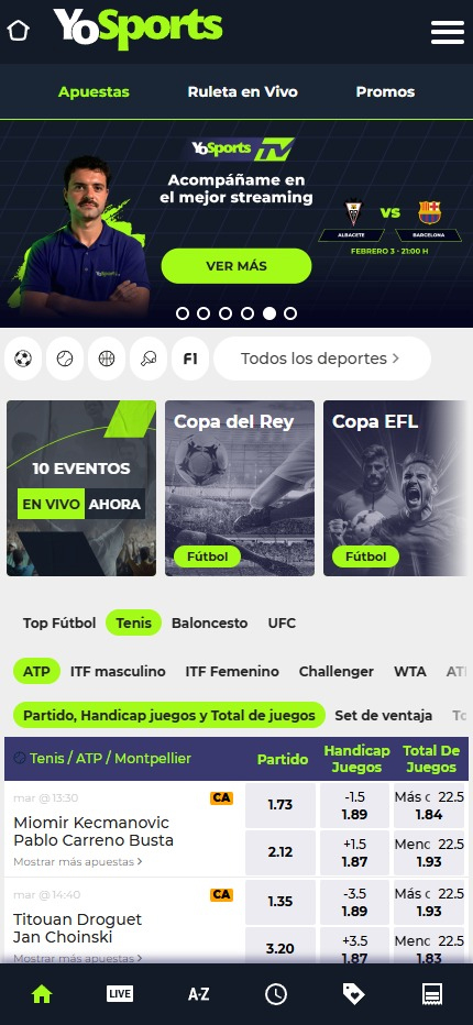Página de inicio del casino YoSports.