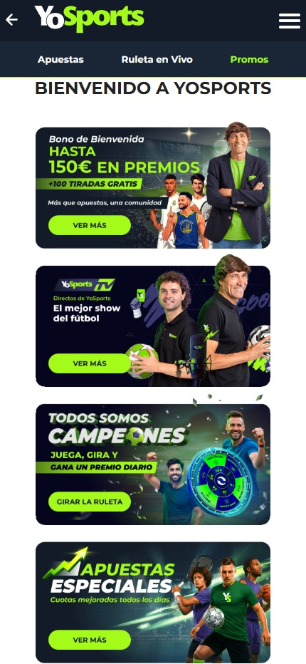 Sección de promociones en YoSports.