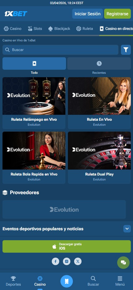 Sección de ruletas en vivo en el casino 1xBet.