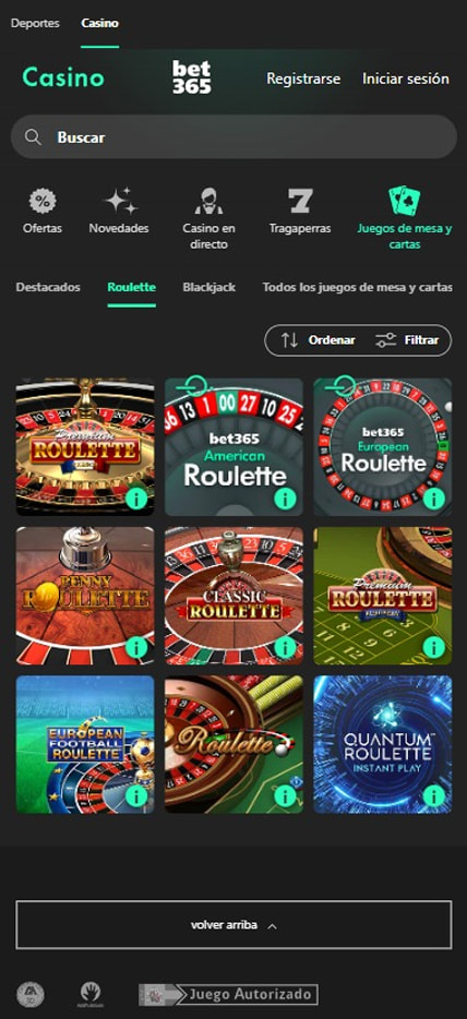 Página de la sección de casino en vivo de bet365.