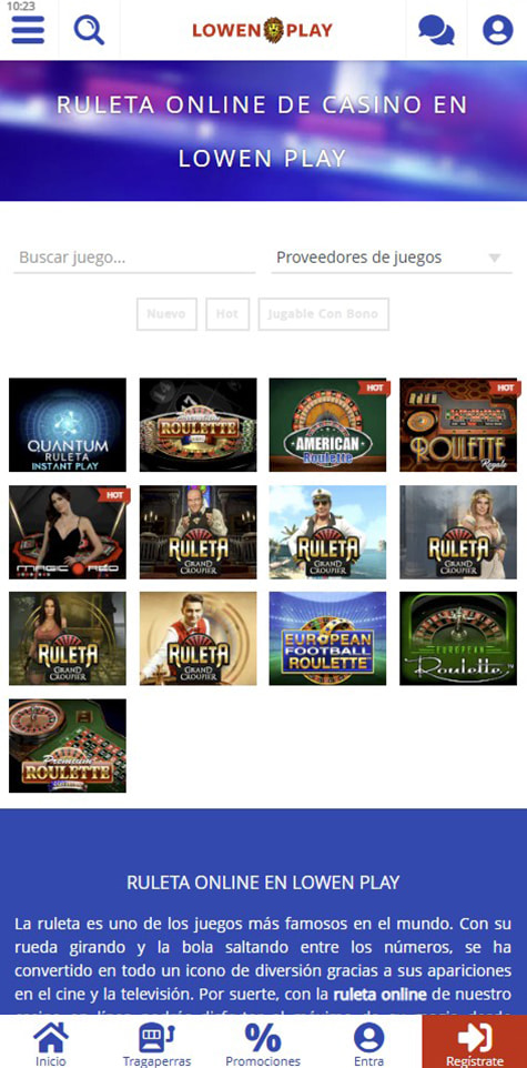 Sección de ruletas en vivo en Lowen Play.