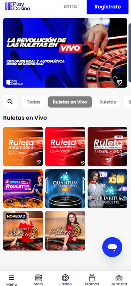 Sección de ruletas en vivo en el casino OnePlay Casino.