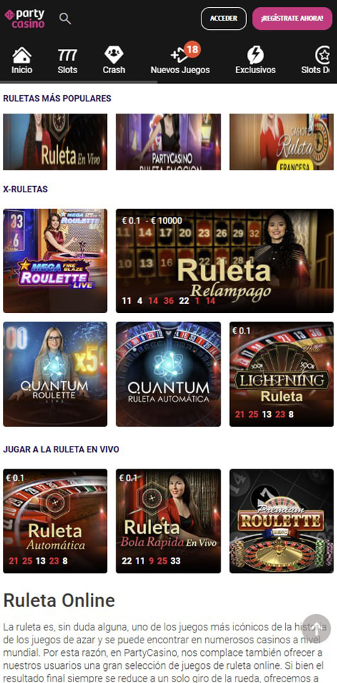 Sección de ruletas en vivo en PartyCasino