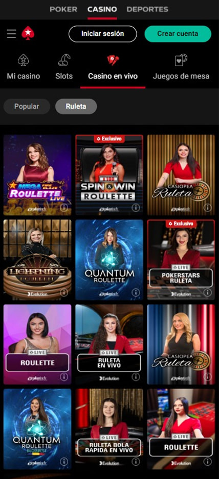 Sección de ruletas en vivo en PokerStars