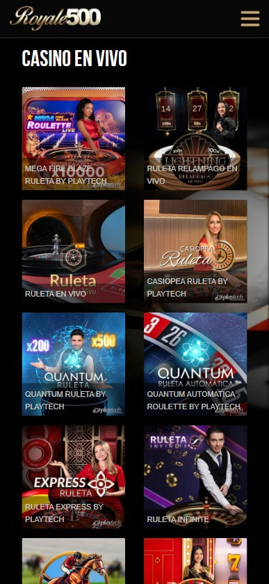 Sección de ruletas en vivo en el casino Royale500.