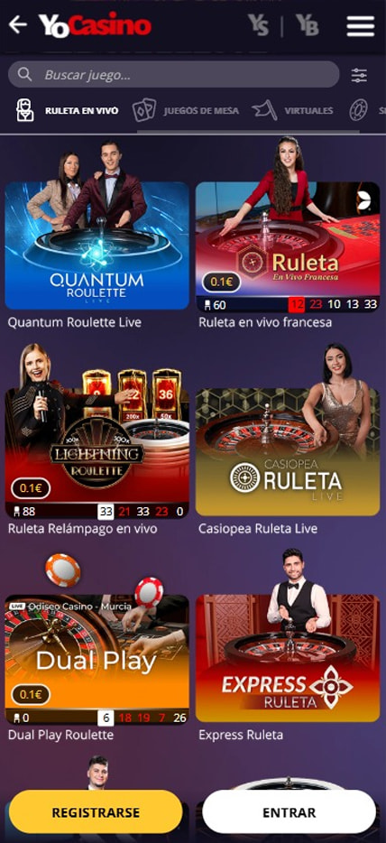 Sección de ruletas en vivo en YoCasino
