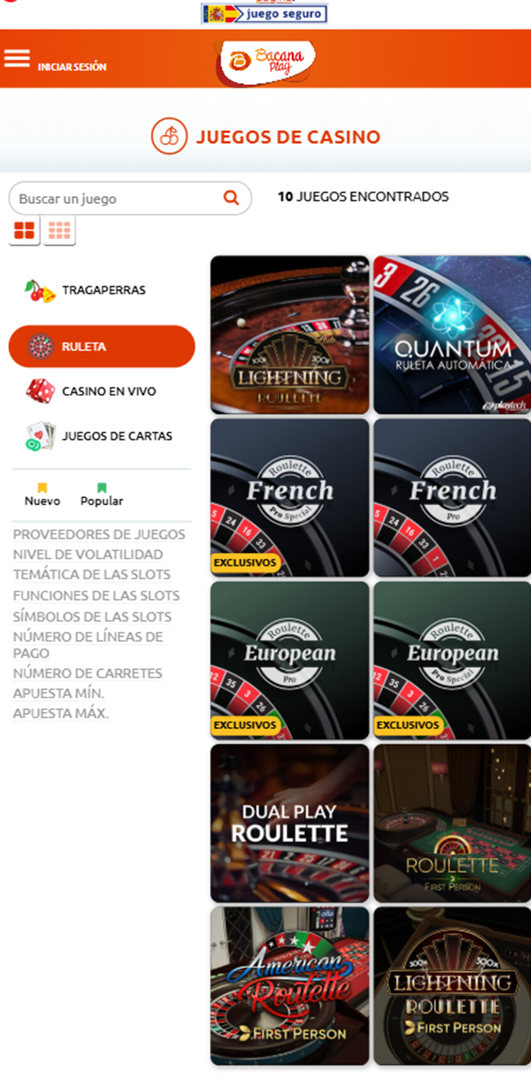 Sección de ruletas en vivo en el casino BacanaPlay.