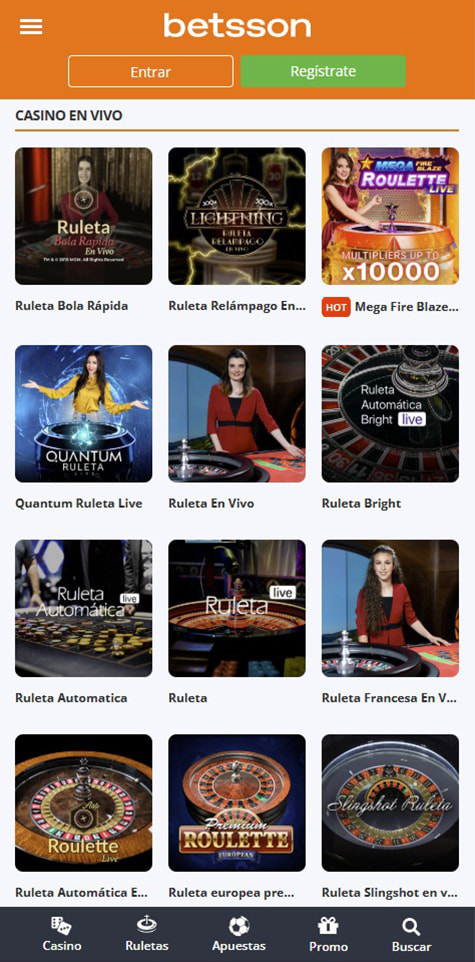 Sección de ruletas en vivo en el casino Betsson.