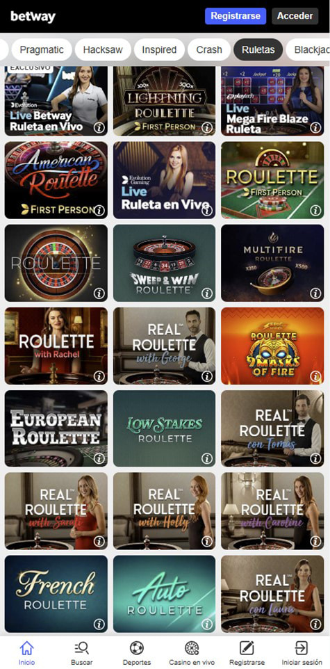 Sección de ruletas en vivo en el casino Betway.