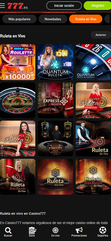 Sección de ruletas en vivo en el Casino777.