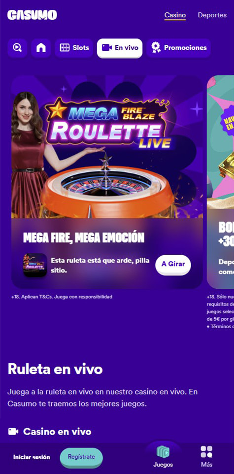 Sección de ruletas en vivo en el casino Casumo.