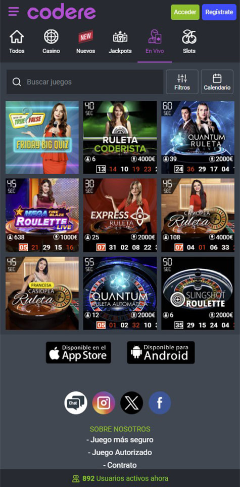 Sección de ruletas en vivo en el casino Codere.