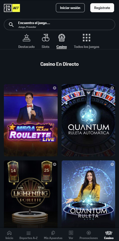 Sección de ruletas en vivo en el casino DAZN Bet.