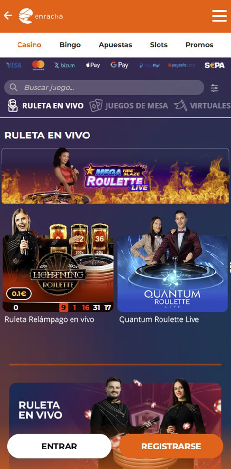 Sección de ruletas en vivo en el casino Enracha.