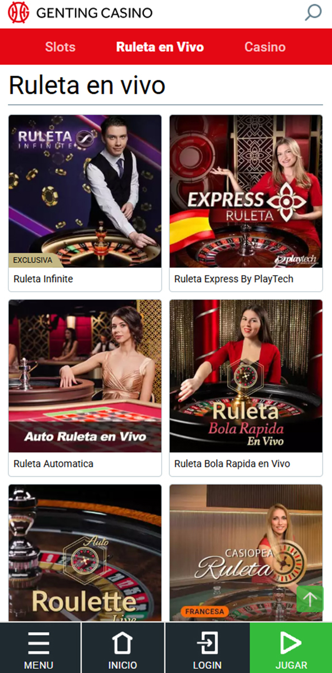 Sección de ruletas en vivo en el casino Genting Casino.