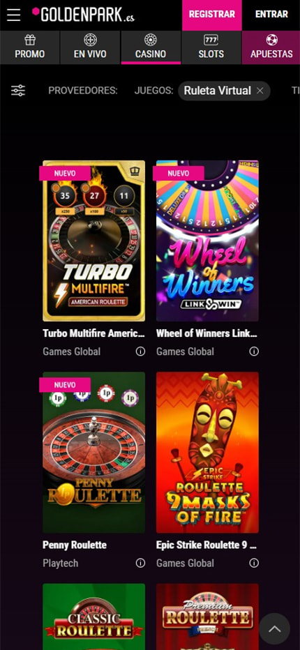 Sección de ruletas en vivo en el casino GoldenPark