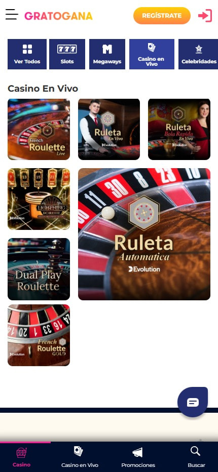 Sección de ruletas en vivo en el casino GratoGana.