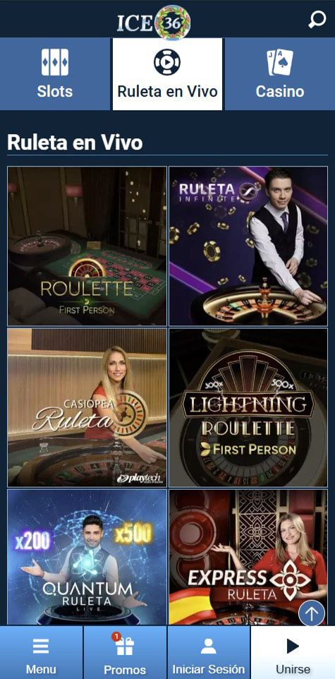 Sección de ruletas en vivo en el casino ICE36.