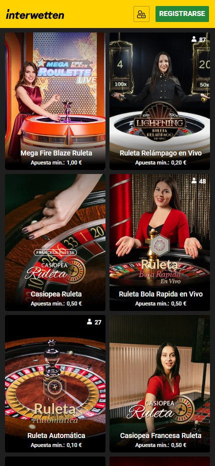 Sección de ruletas en vivo en el casino Interwetten.