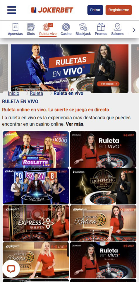 Sección de ruletas en vivo en el JOKERBET.