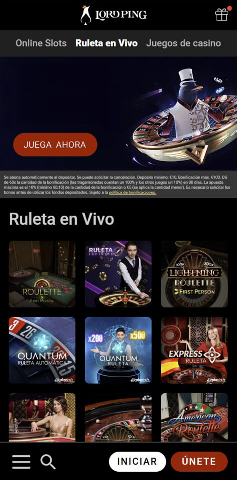 Sección de ruletas en vivo en el casino Lord Ping.