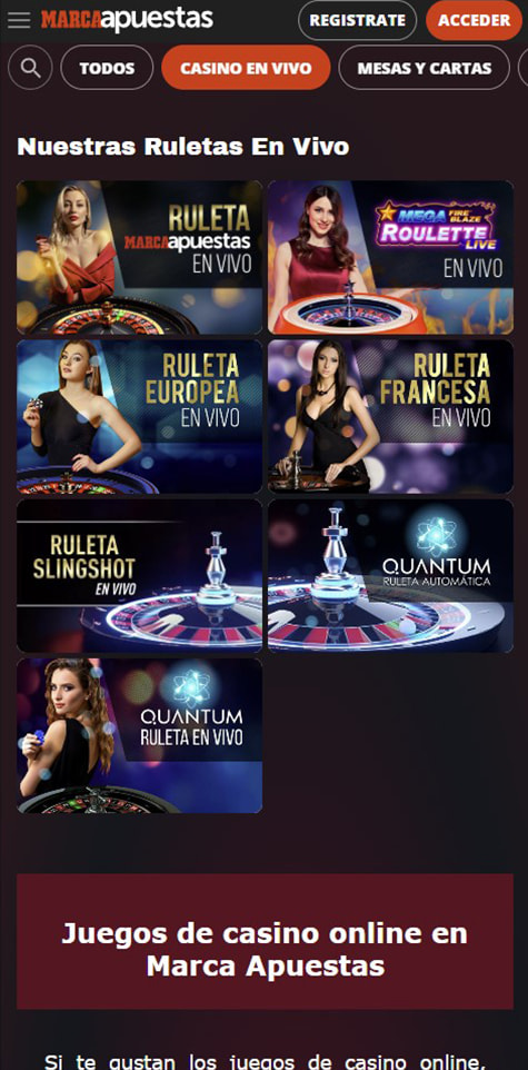Sección de ruletas en vivo en el casino MARCA.