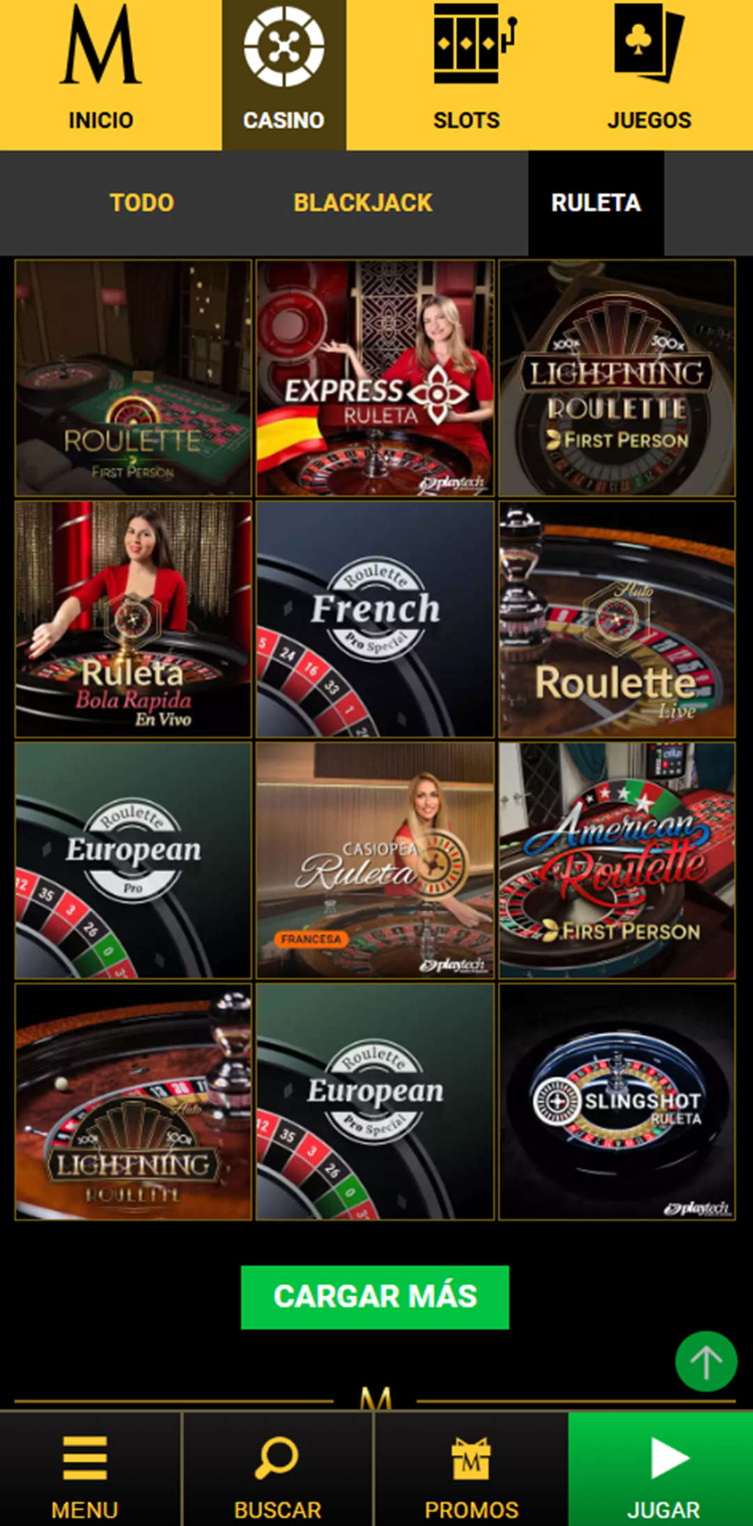 Sección de ruletas en vivo en el casino Mega Casino.