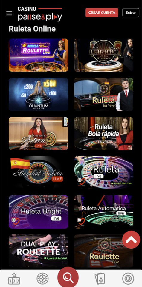 Sección de ruletas en vivo en el casino Pause&Play.