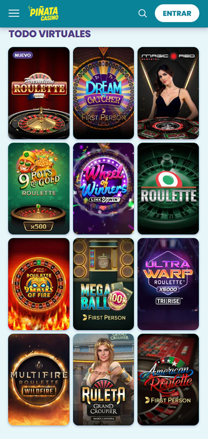 Sección de ruletas en vivo en el casino Piñata Casino.