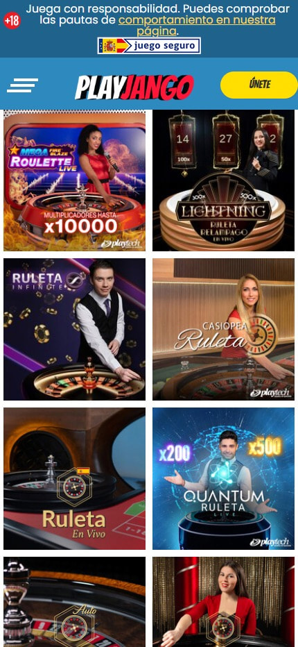 Sección de ruletas en vivo en el casino Play Jango