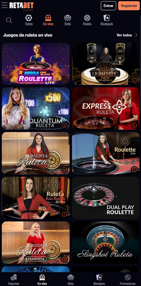 Sección de ruletas en vivo en el casino Retabet.