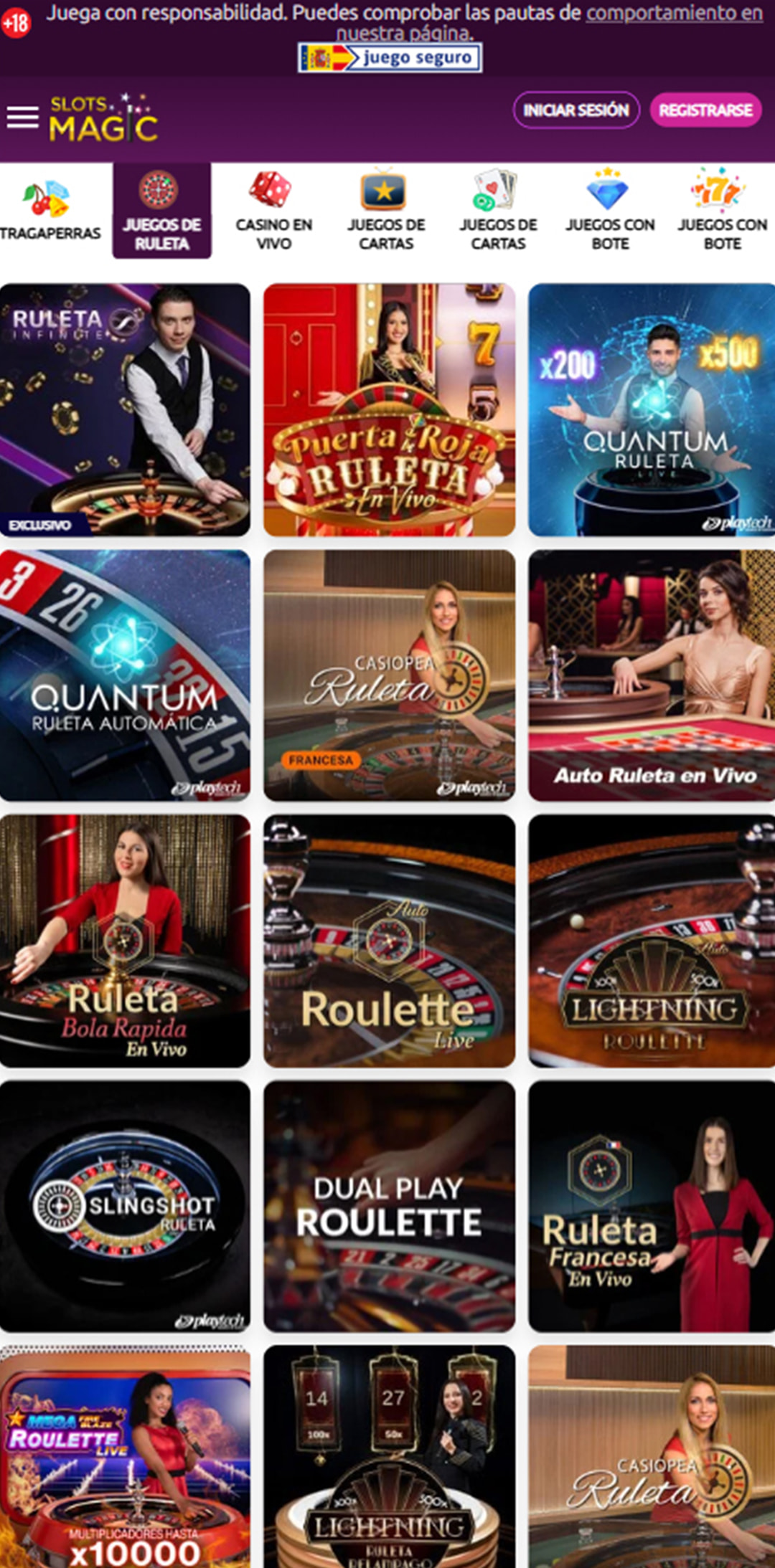 Sección de ruletas en vivo en el casino SlotsMagic.