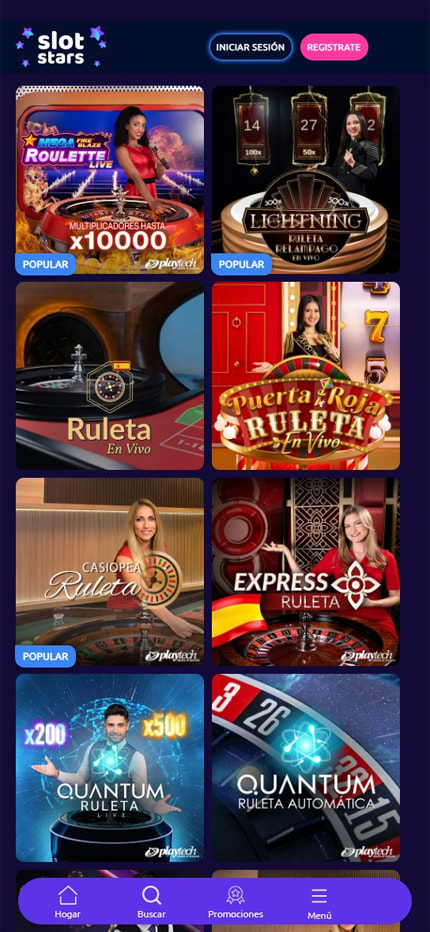 Sección de ruletas en vivo en el casino SlotStars.