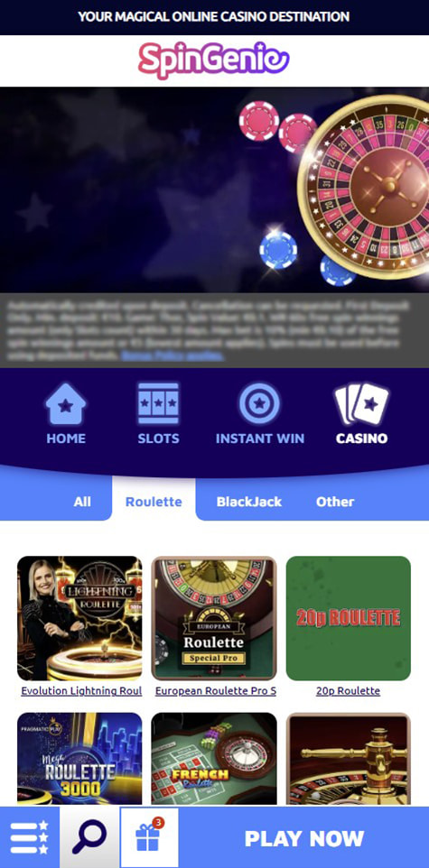 Sección de ruletas en vivo en el casino Spin Genie.