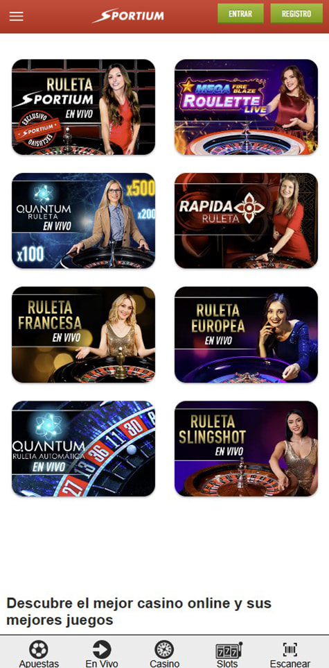 Sección de ruletas en vivo en el casino Sportium.