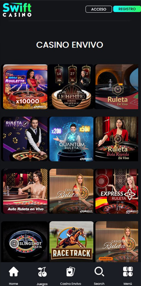 Sección de ruletas en vivo en el casino Swift Casino.