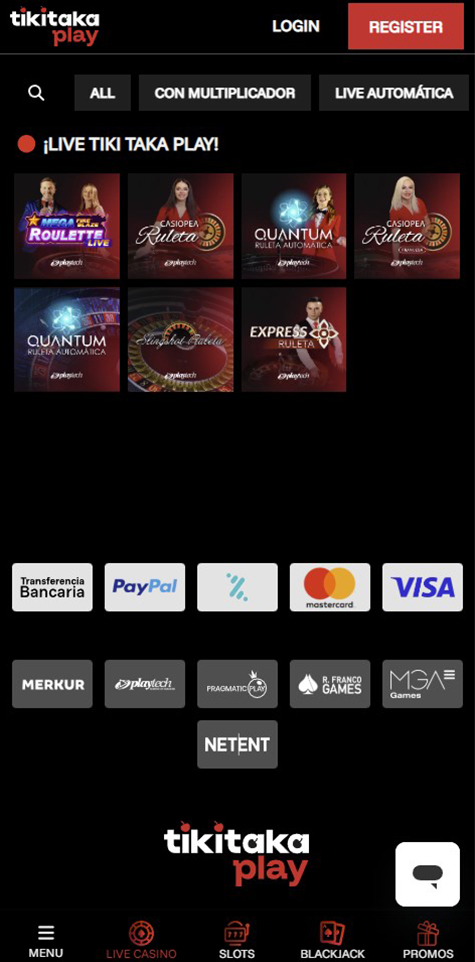 Sección de ruletas en vivo en Tiki Taka Play.