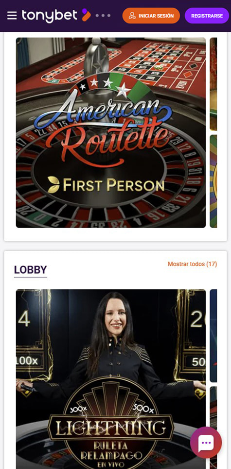 Sección de ruletas en vivo en el casino TonyBet.
