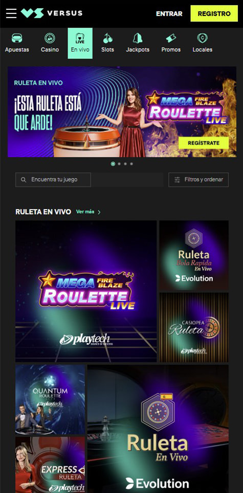 Sección de ruletas en vivo en el casino VERSUS.